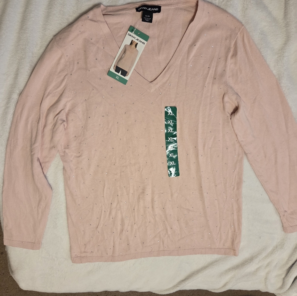 DKNY Pink V-Neck Sweater with Subtle Rhinestones
